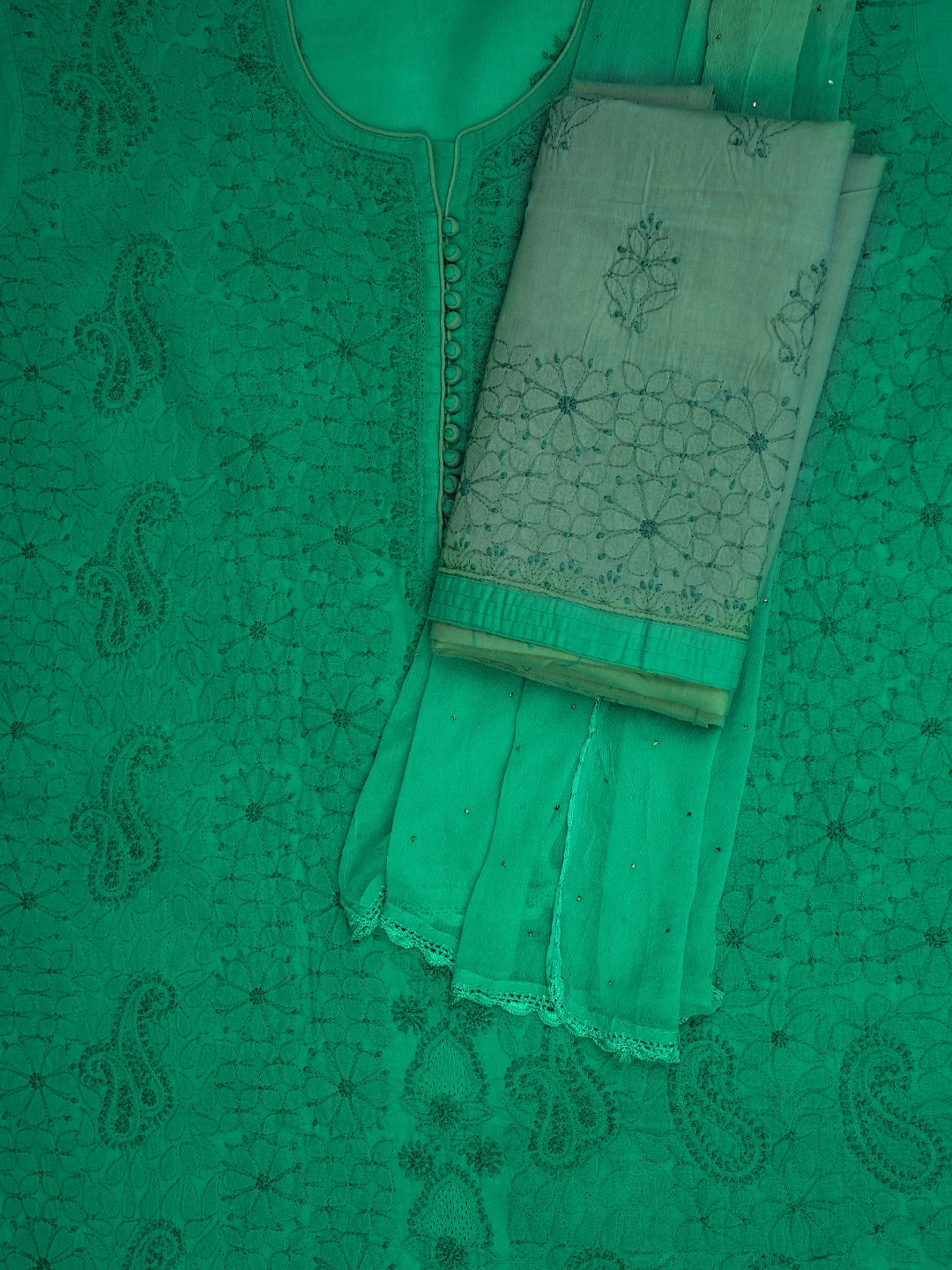 Ada Hand Embroidered Rama Green Cotton Lucknowi Chikankari Unstitched Suit Piece 01A723542