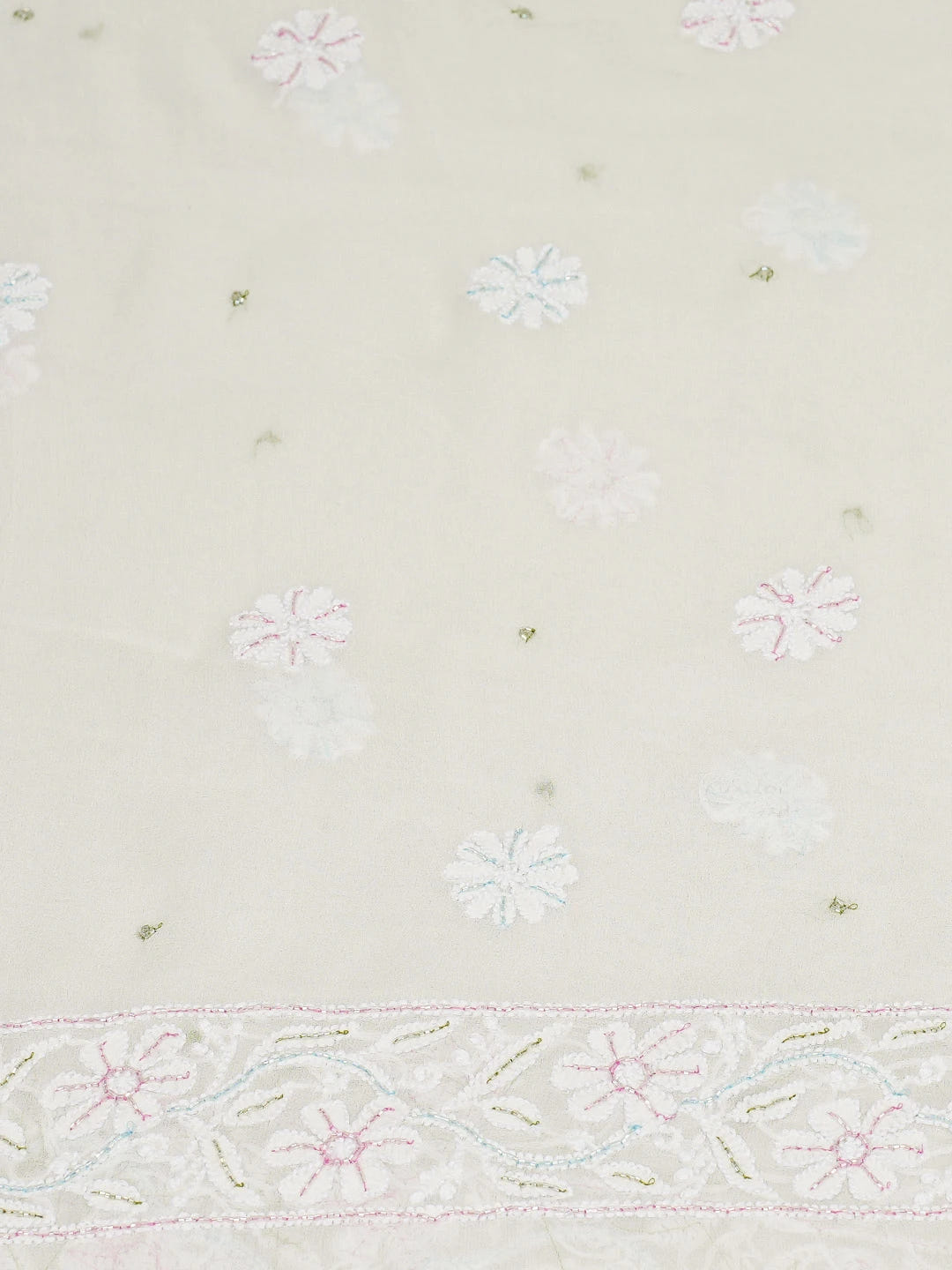 Ada Hand Embroidered White Pure Georgette Lucknowi Chikankari Unstitched Kurta Dupatta Set With Cutdana Work 01A723019