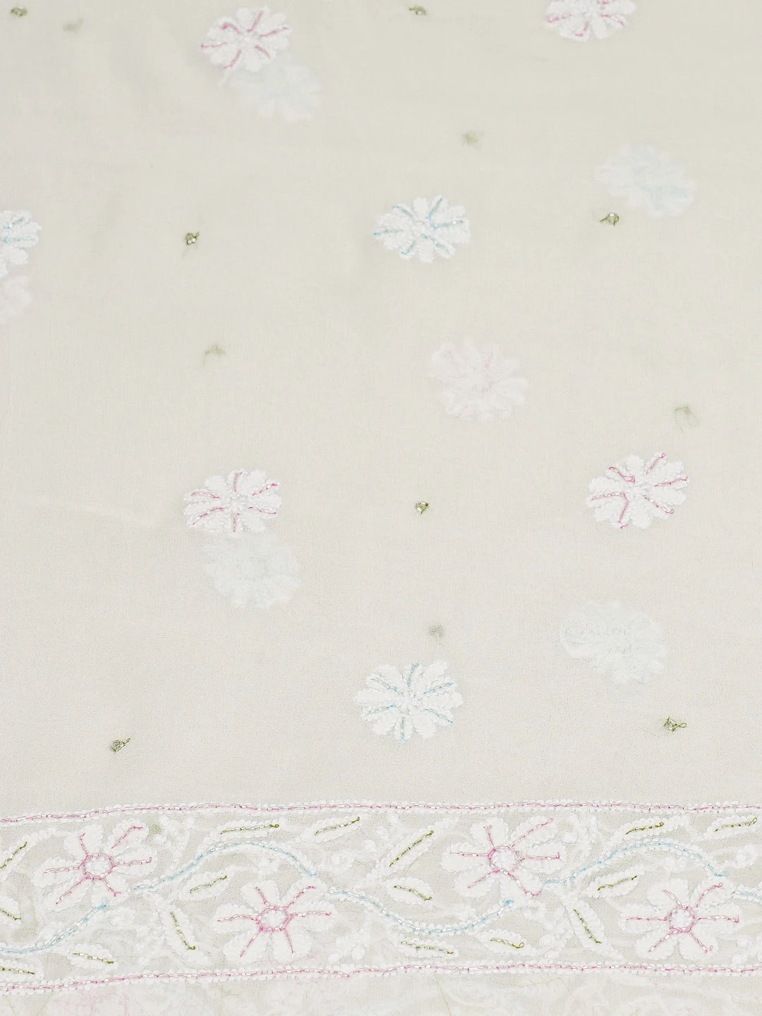 Ada Hand Embroidered White Pure Georgette Lucknowi Chikankari Unstitched Kurta Dupatta Set With Cutdana Work 01A723019