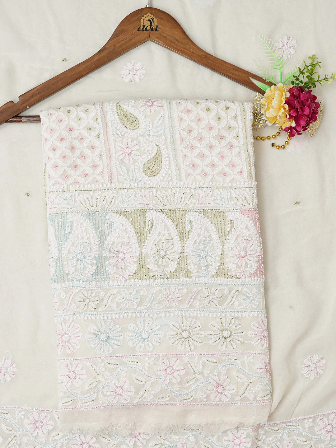 Ada Hand Embroidered White Pure Georgette Lucknowi Chikankari Unstitched Kurta Dupatta Set With Cutdana Work 01A723019