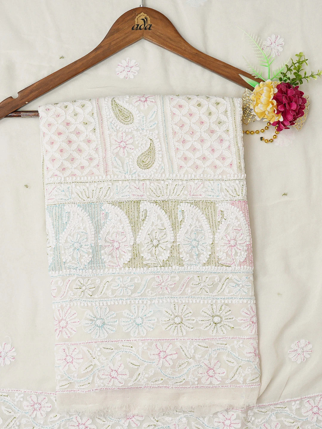 Ada Hand Embroidered White Pure Georgette Lucknowi Chikankari Unstitched Kurta Dupatta Set With Cutdana Work 01A723019