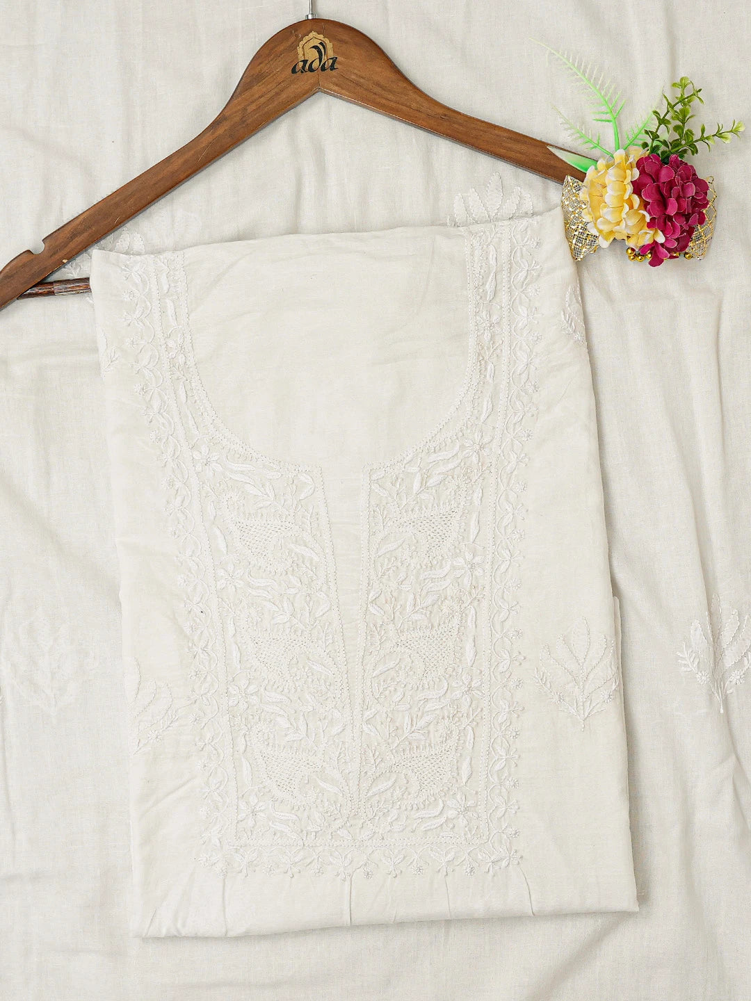 Ada Hand Embroidered White Cotton Lucknowi Chikankari Unstitched Kurta Dupatta Set 01A728972