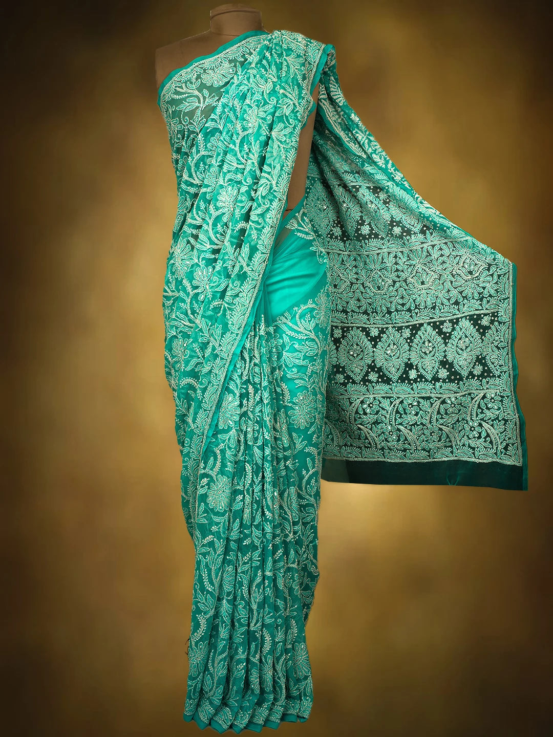 Ada Hand Embroidered Turquoise Georgette Lucknowi Chikankari Saree/Blouse With Cutdana Work 01A679806