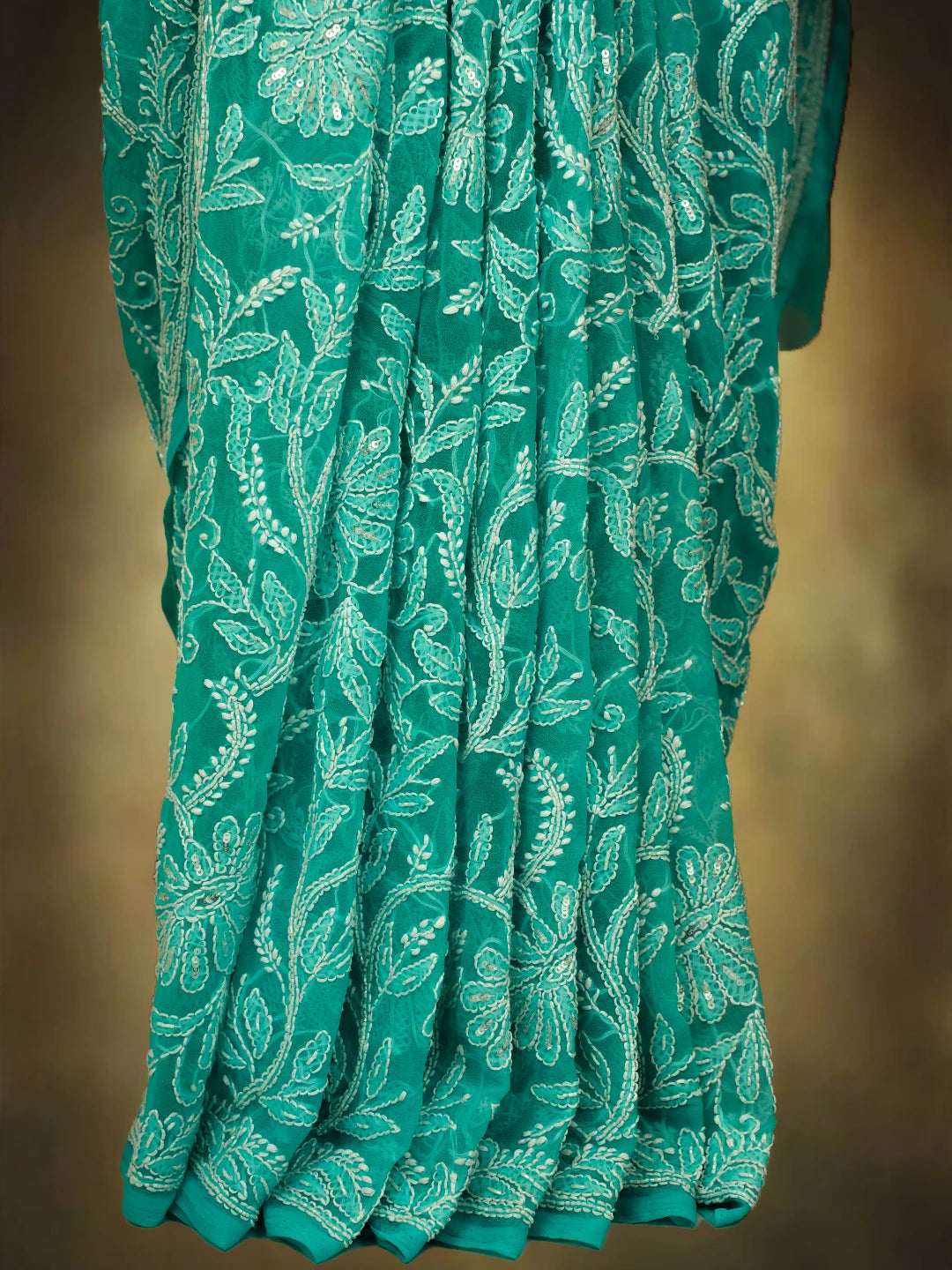 Ada Hand Embroidered Turquoise Georgette Lucknowi Chikankari Saree/Blouse With Cutdana Work 01A679806