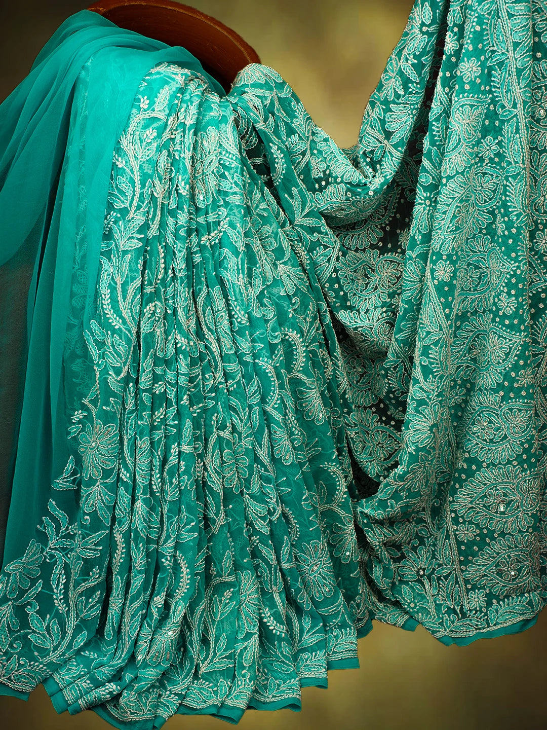 Ada Hand Embroidered Turquoise Georgette Lucknowi Chikankari Saree/Blouse With Cutdana Work 01A679806