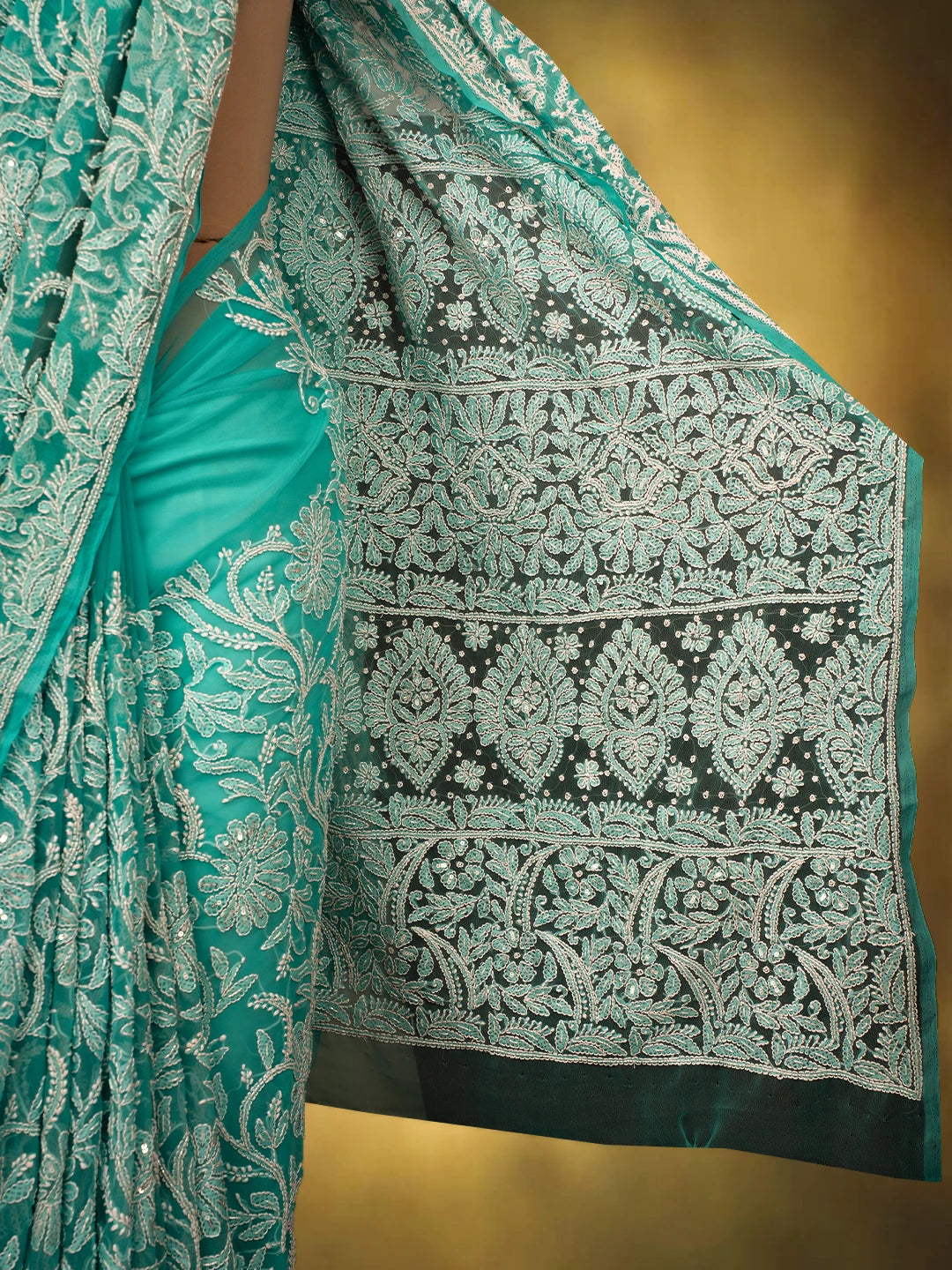 Ada Hand Embroidered Turquoise Georgette Lucknowi Chikankari Saree/Blouse With Cutdana Work 01A679806