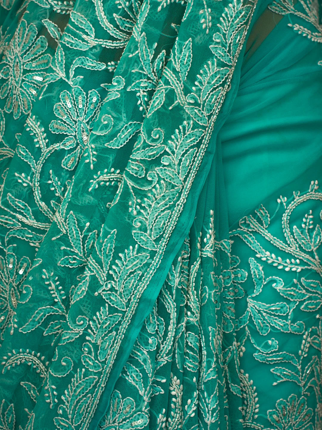 Ada Hand Embroidered Turquoise Georgette Lucknowi Chikankari Saree/Blouse With Cutdana Work 01A679806