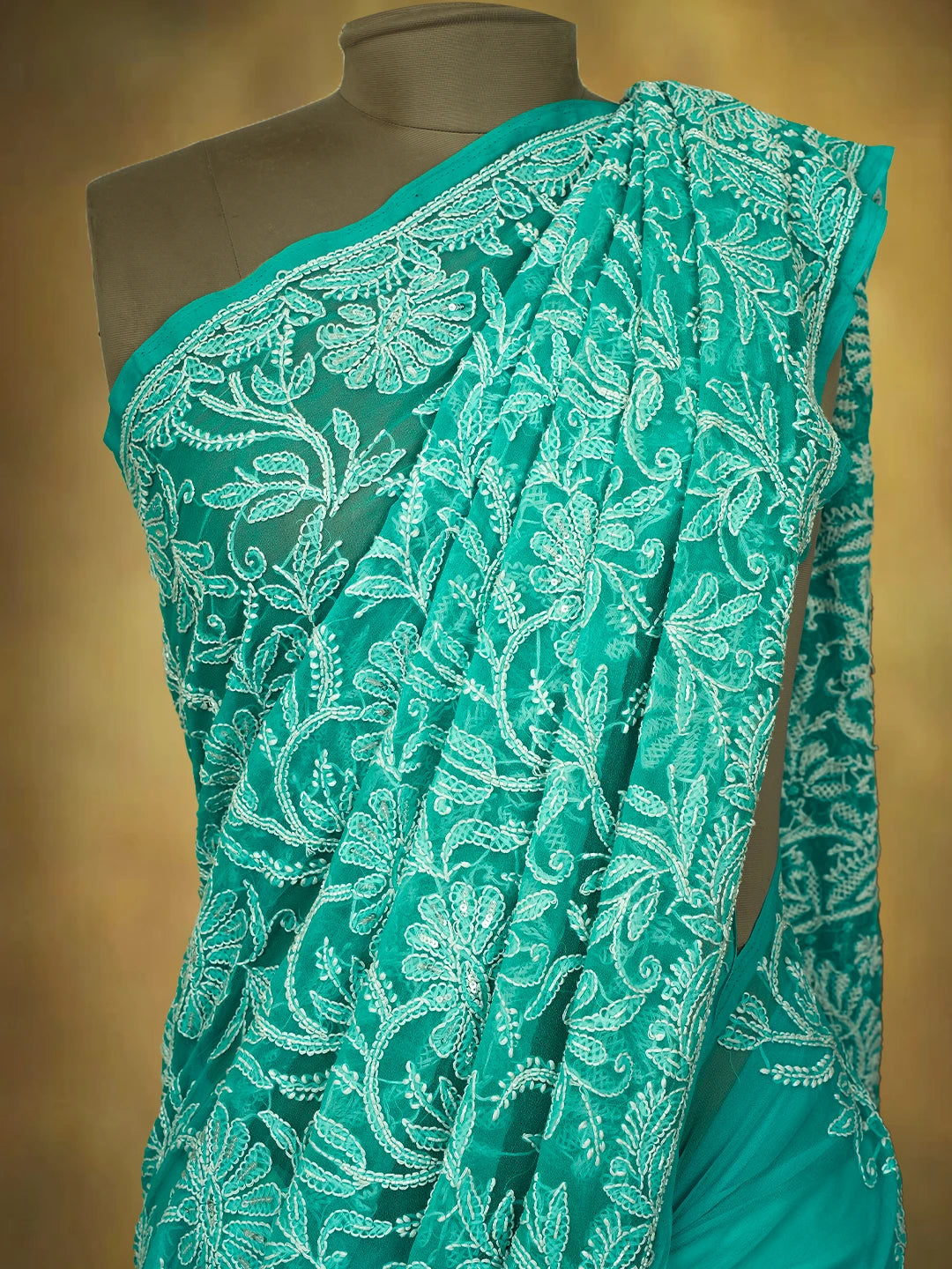 Ada Hand Embroidered Turquoise Georgette Lucknowi Chikankari Saree/Blouse With Cutdana Work 01A679806
