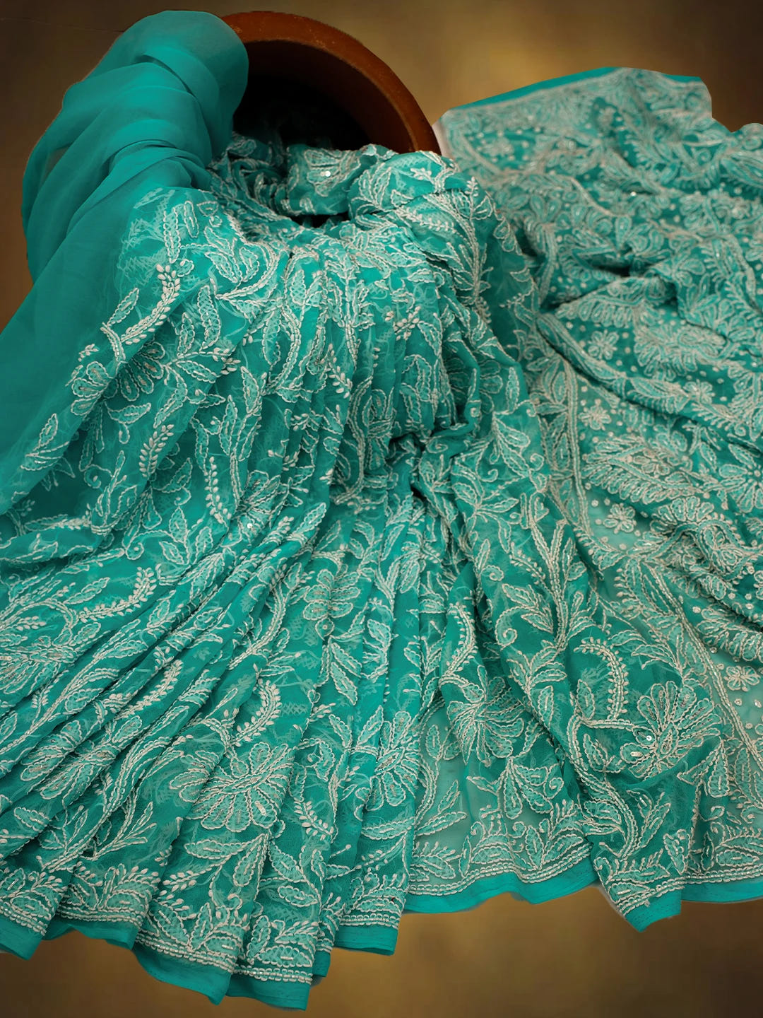 Ada Hand Embroidered Turquoise Georgette Lucknowi Chikankari Saree/Blouse With Cutdana Work 01A679806