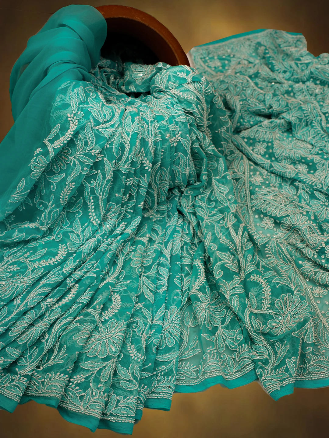 Ada Hand Embroidered Turquoise Georgette Lucknowi Chikankari Saree/Blouse With Cutdana Work 01A679806