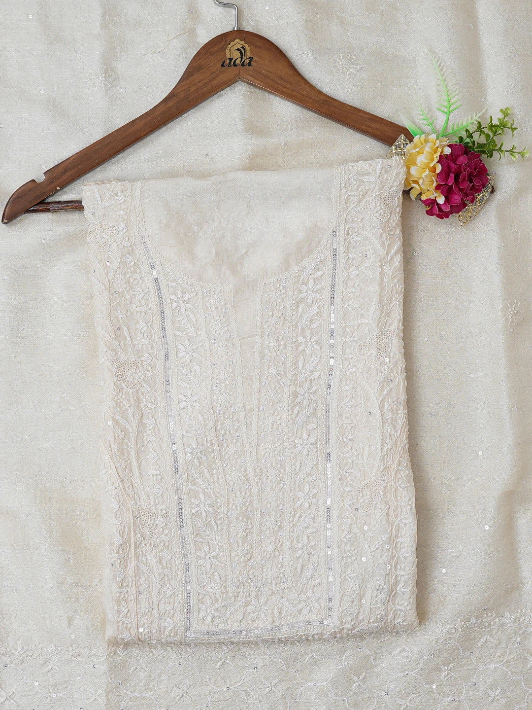 Ada Hand Embroidered Cream Silk Lucknowi Chikankari Semi-Stitched Kurta Dupatta Set With Cutdana Work 01A721795