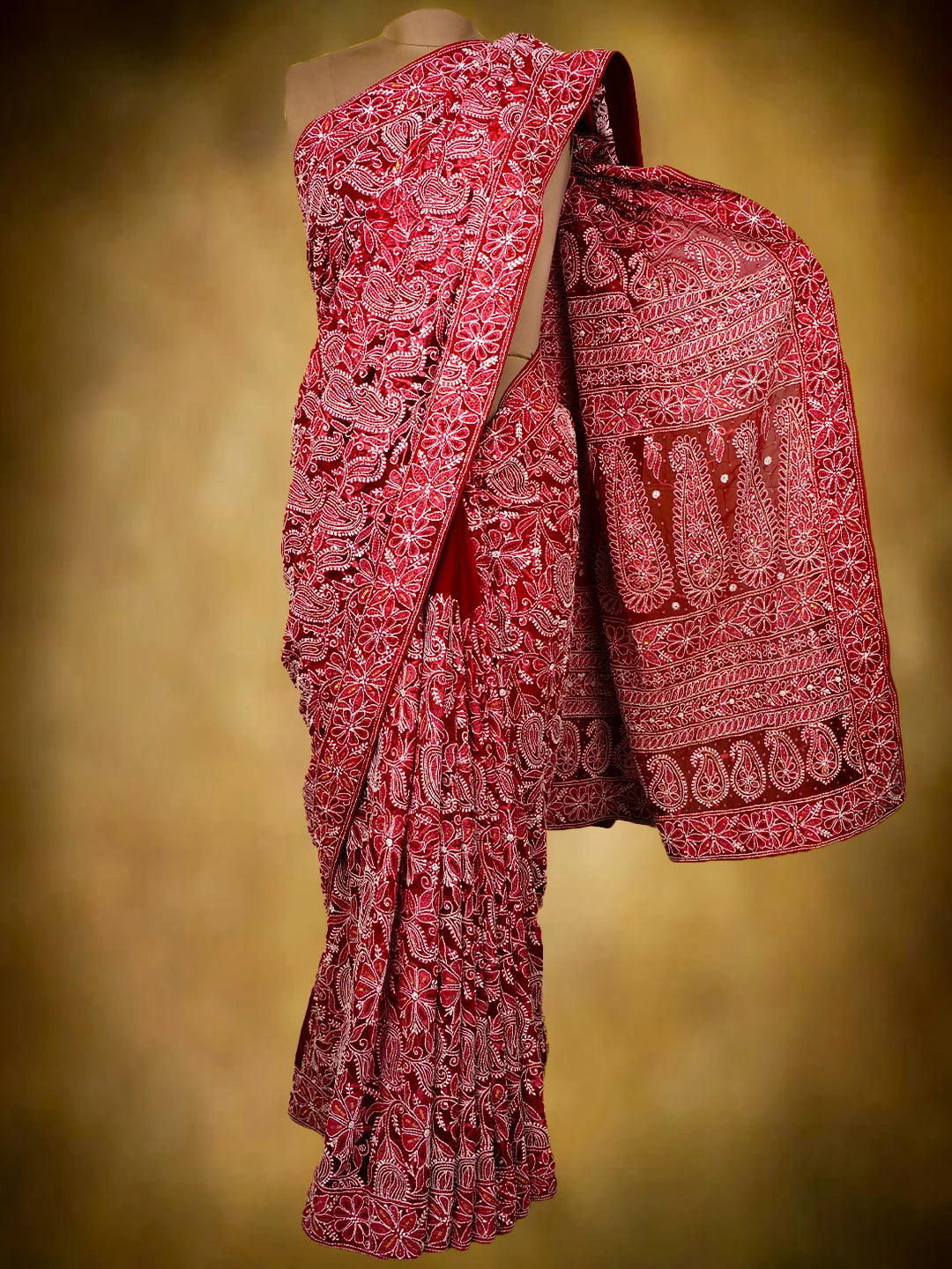 Ada Hand Embroidered Red Georgette Lucknowi Chikankari Saree/Blouse With Cutdana Work 01A194290