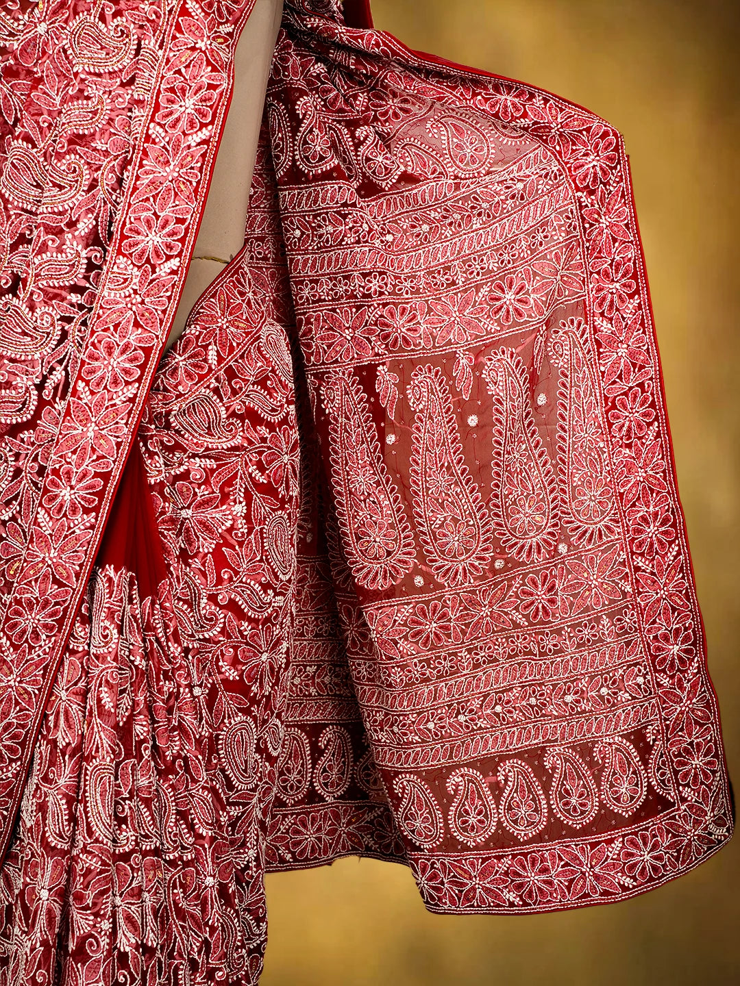 Ada Hand Embroidered Red Georgette Lucknowi Chikankari Saree/Blouse With Cutdana Work 01A194290
