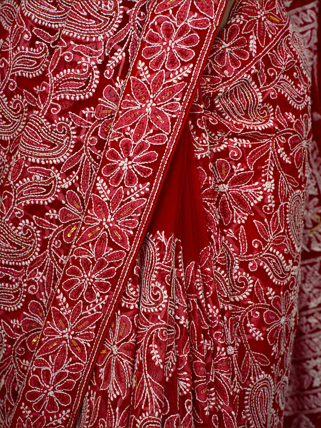 Ada Hand Embroidered Red Georgette Lucknowi Chikankari Saree/Blouse With Cutdana Work 01A194290