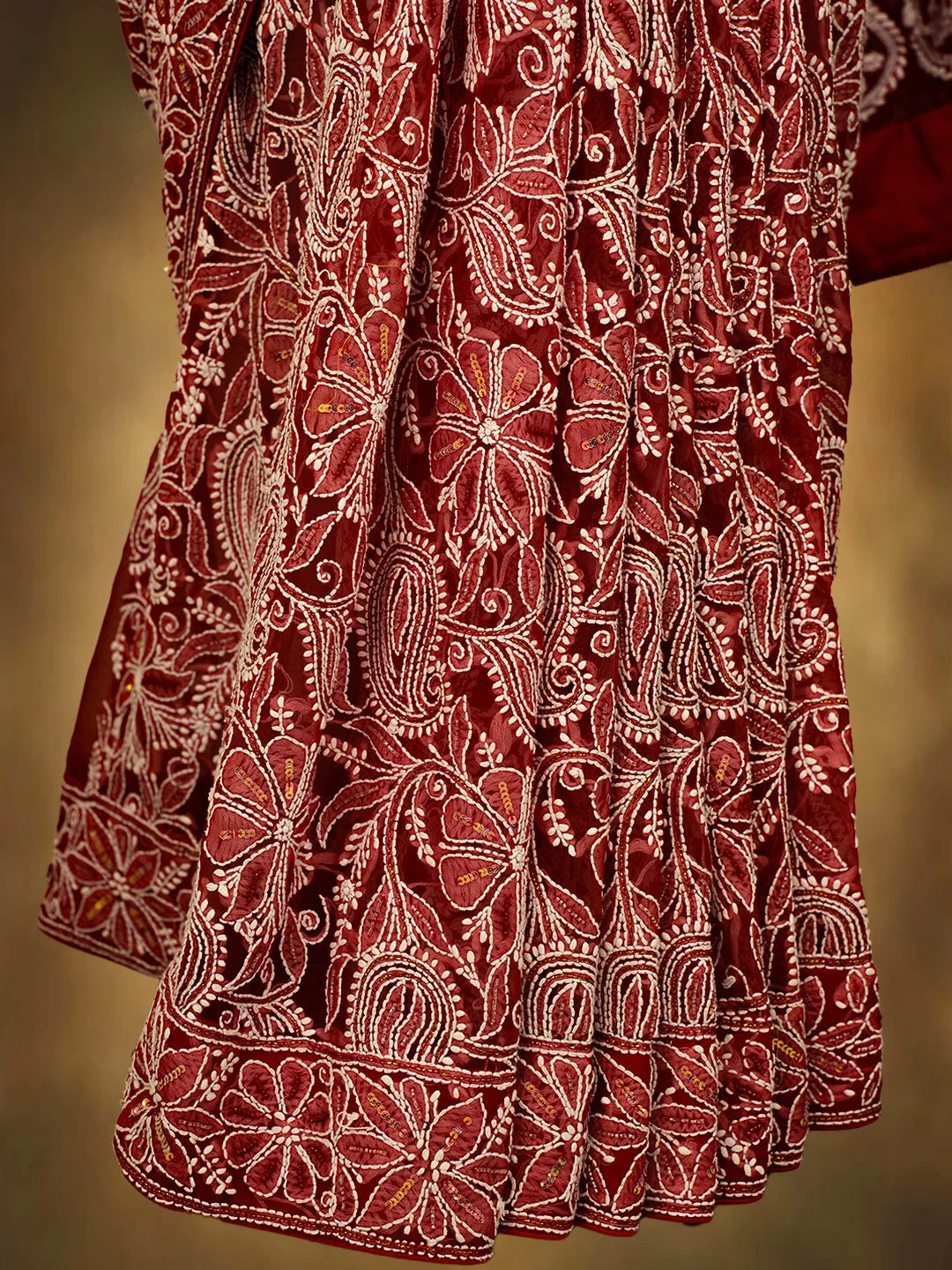 Ada Hand Embroidered Red Georgette Lucknowi Chikankari Saree/Blouse With Cutdana Work 01A194290