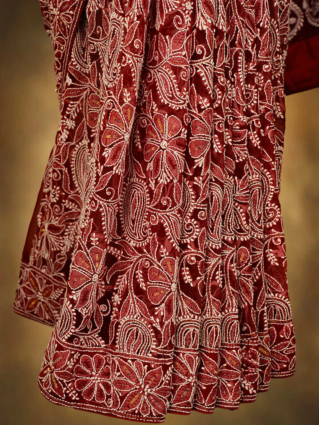 Ada Hand Embroidered Red Georgette Lucknowi Chikankari Saree/Blouse With Cutdana Work 01A194290