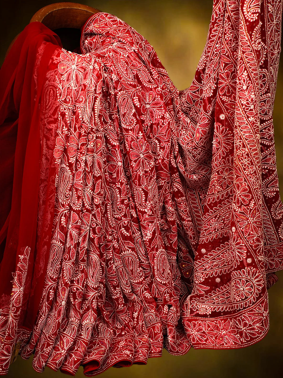 Ada Hand Embroidered Red Georgette Lucknowi Chikankari Saree/Blouse With Cutdana Work 01A194290