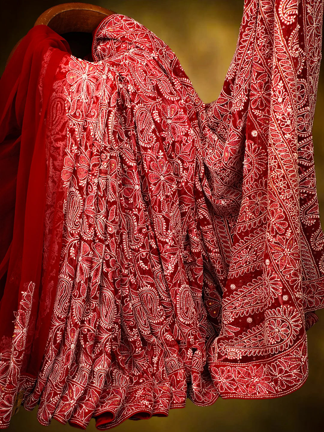 Ada Hand Embroidered Red Georgette Lucknowi Chikankari Saree/Blouse With Cutdana Work 01A194290