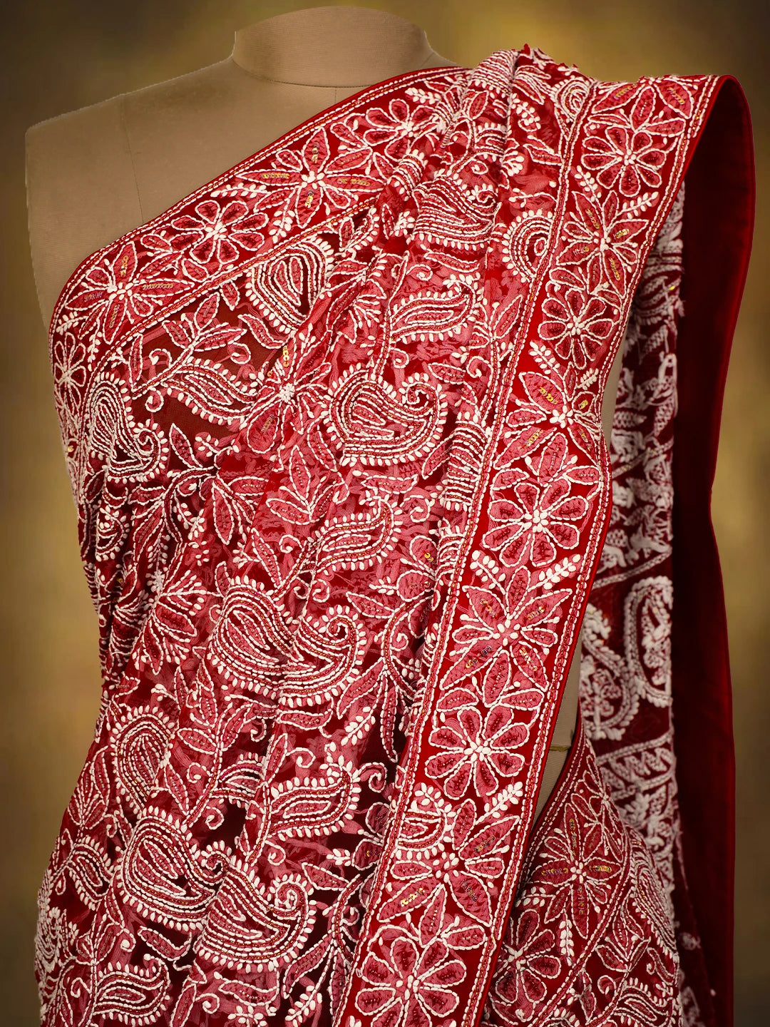 Ada Hand Embroidered Red Georgette Lucknowi Chikankari Saree/Blouse With Cutdana Work 01A194290