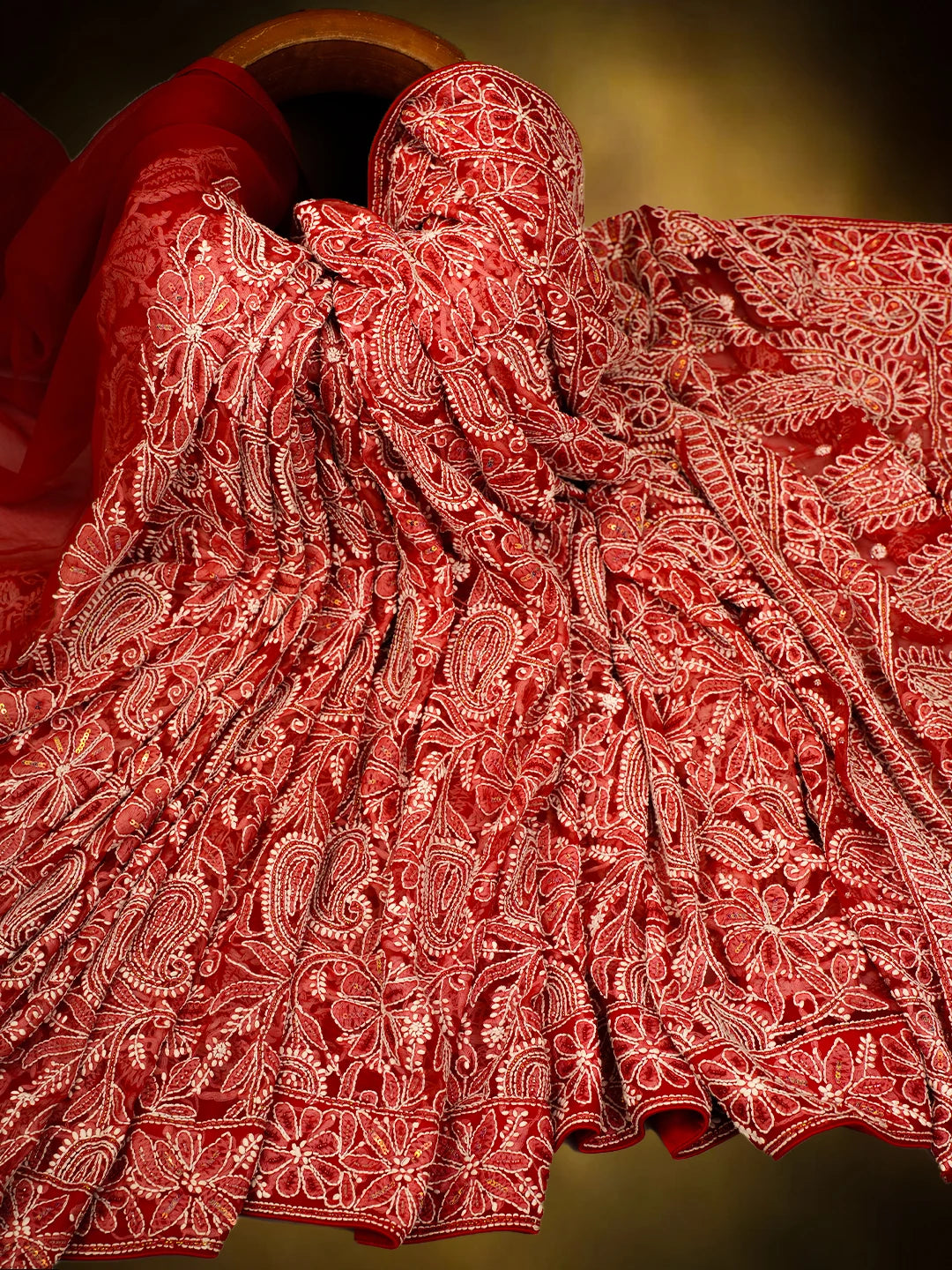 Ada Hand Embroidered Red Georgette Lucknowi Chikankari Saree/Blouse With Cutdana Work 01A194290