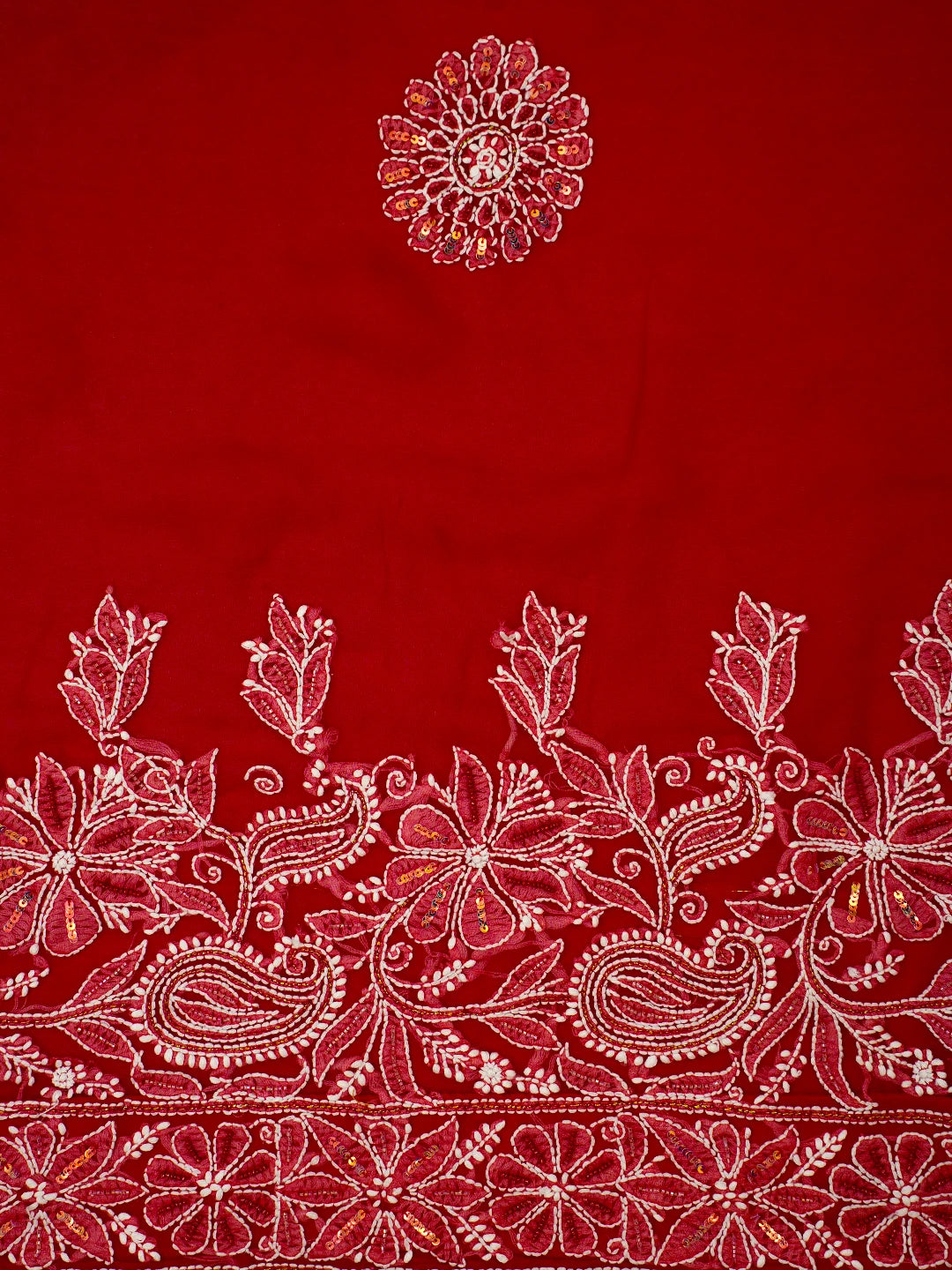 Ada Hand Embroidered Red Georgette Lucknowi Chikankari Saree/Blouse With Cutdana Work 01A194290