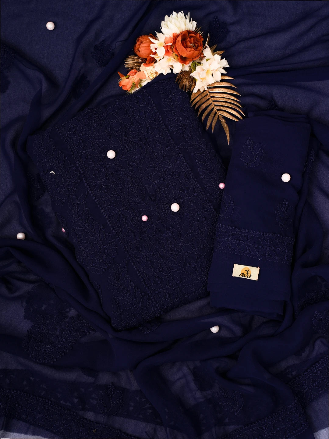 Ada Hand Embroidered Navy Blue Georgette Lucknowi Chikankari Unstitched Suit Piece A211284