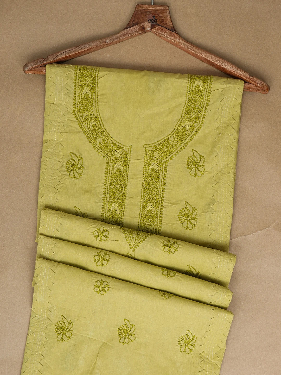 Ada Hand Embroidered Mehendi Green Cotton Lucknowi Chikankari Unstitched Men's Kurta Piece 01A706056