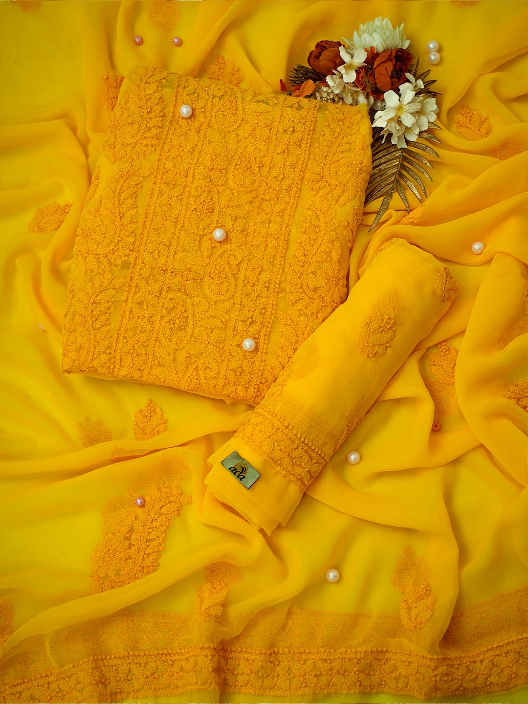 Ada Hand Embroidered Yellow Georgette Lucknowi Chikankari Unstitched Suit Piece A211285