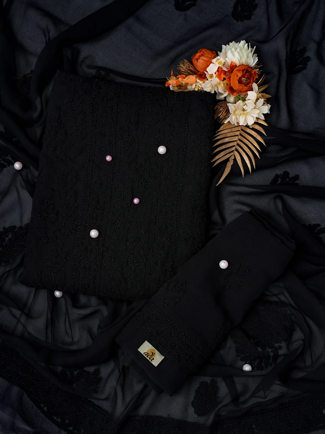 Ada Hand Embroidered Jet Black Georgette Lucknowi Chikankari Unstitched Suit Piece A211287