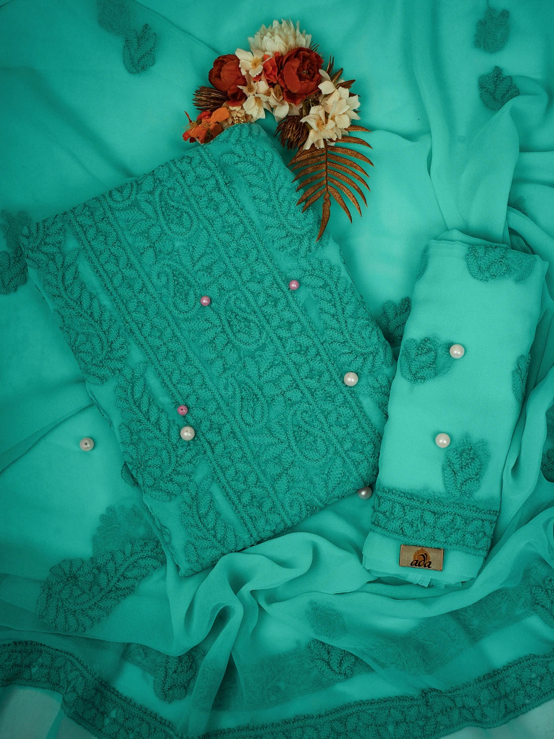 Ada Hand Embroidered Sea Green Georgette Lucknowi Chikankari Unstitched Suit Piece A211288