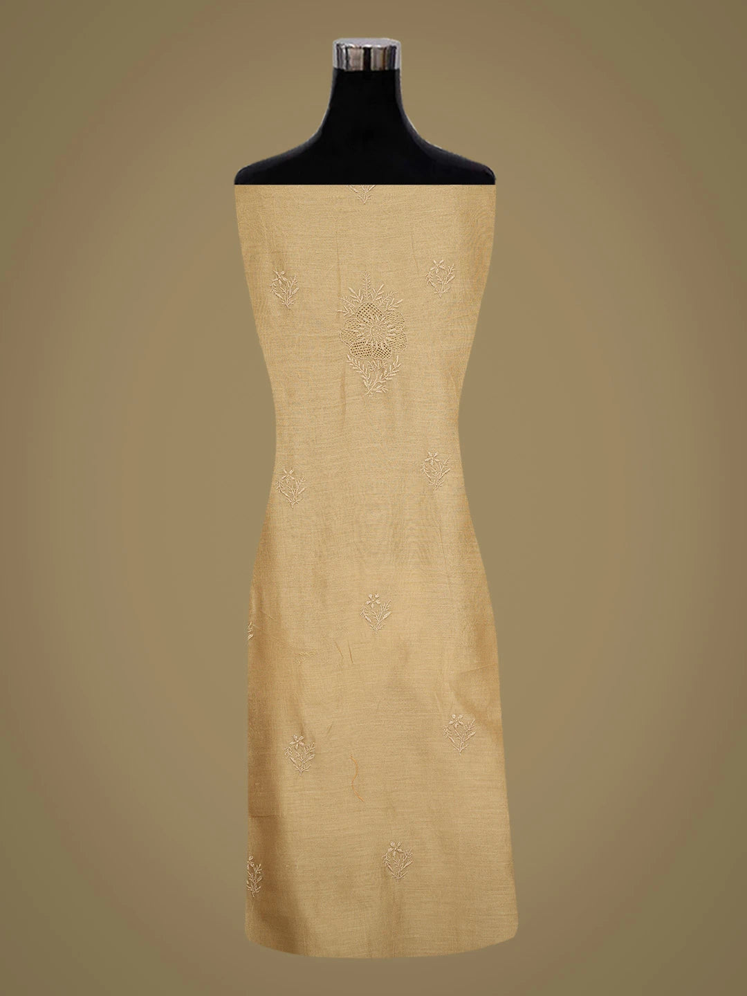 Ada Hand Embroidered Camel Brown Chanderi Lucknowi Chikankari Unstitched Kurta Dupatta Set 01A729214