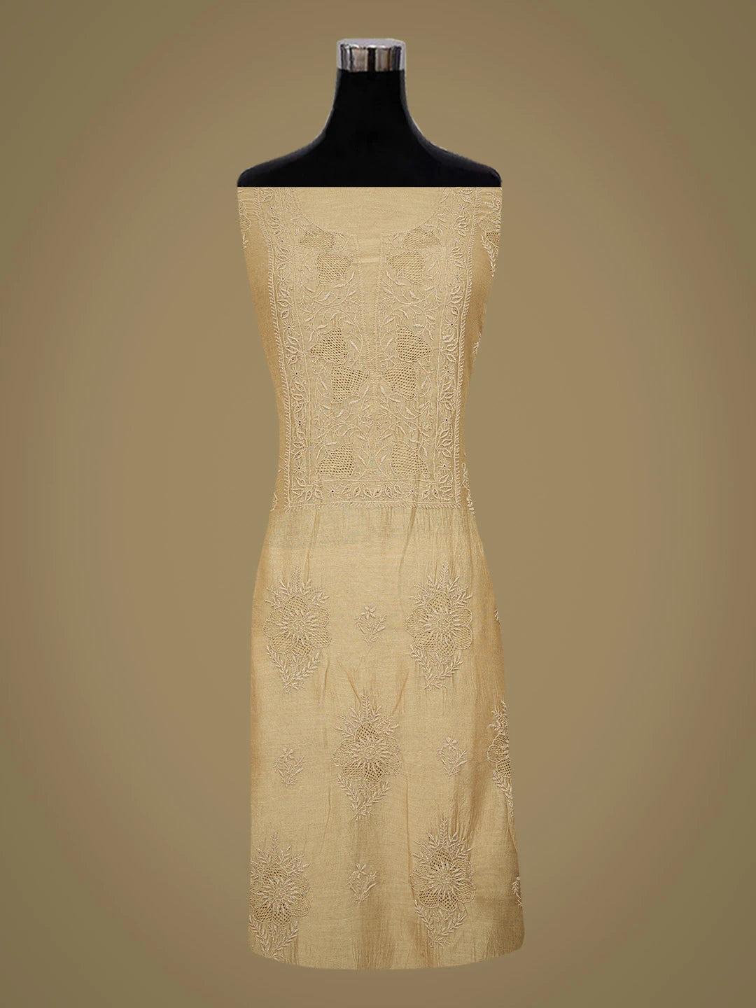 Ada Hand Embroidered Camel Brown Chanderi Lucknowi Chikankari Unstitched Kurta Dupatta Set 01A729214