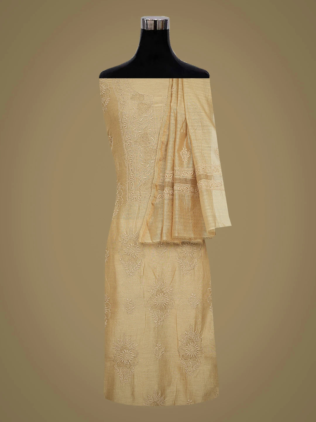 Ada Hand Embroidered Camel Brown Chanderi Lucknowi Chikankari Unstitched Kurta Dupatta Set 01A729214