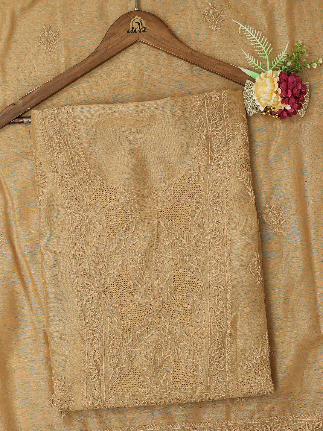 Ada Hand Embroidered Camel Brown Chanderi Lucknowi Chikankari Unstitched Kurta Dupatta Set 01A729214