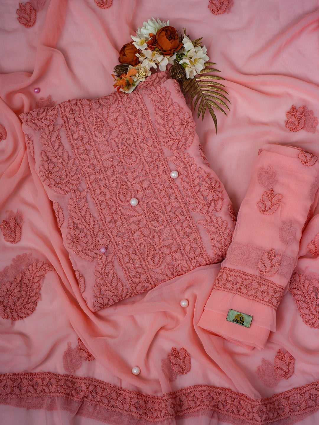 Ada Hand Embroidered Peach Georgette Lucknowi Chikankari Unstitched Suit Piece A211289