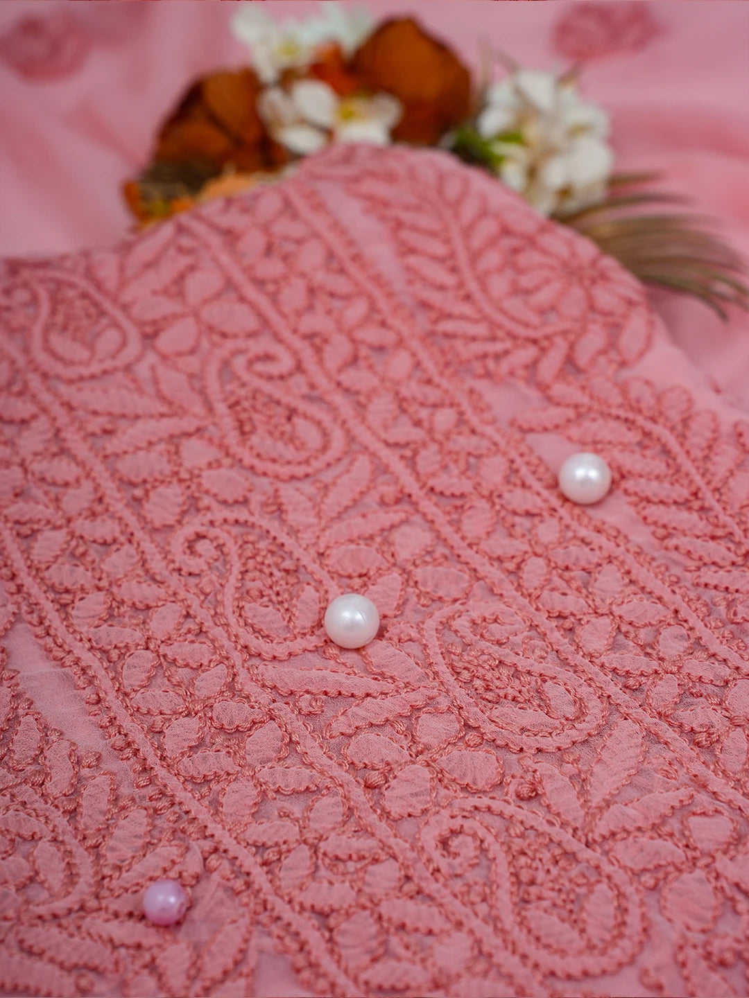 Ada Hand Embroidered Peach Georgette Lucknowi Chikankari Unstitched Suit Piece A211289