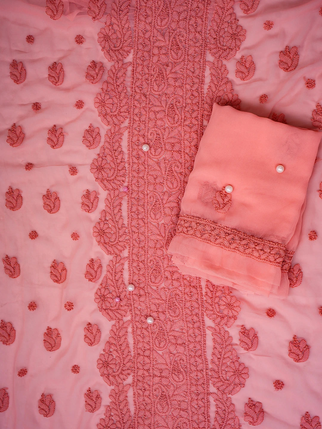 Ada Hand Embroidered Peach Georgette Lucknowi Chikankari Unstitched Suit Piece A211289