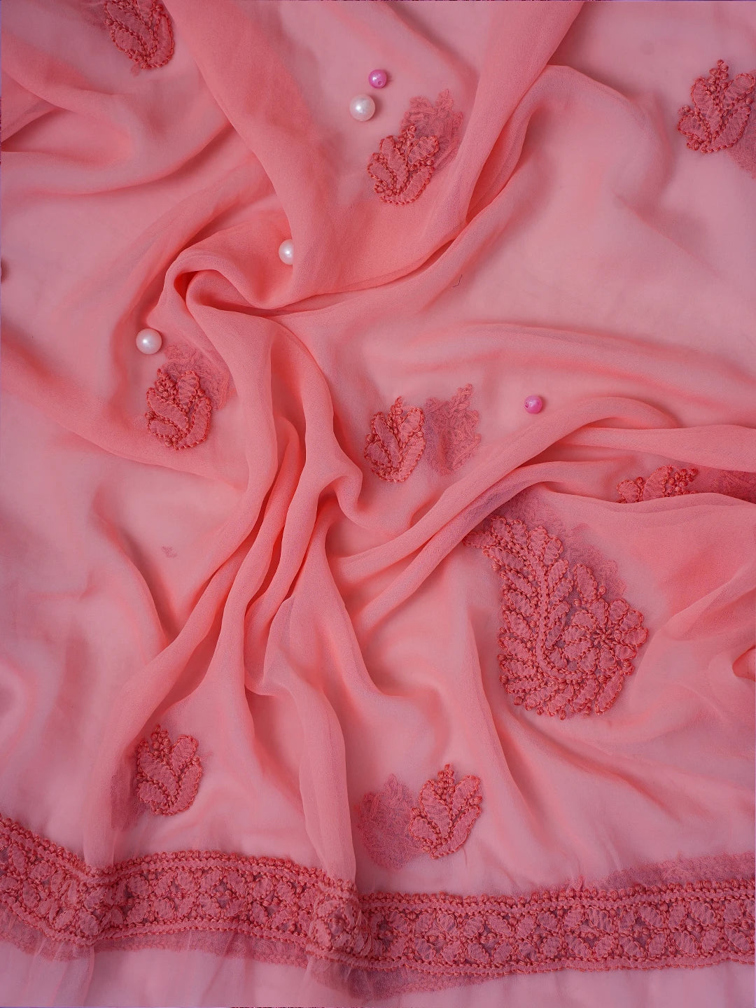 Ada Hand Embroidered Peach Georgette Lucknowi Chikankari Unstitched Suit Piece A211289