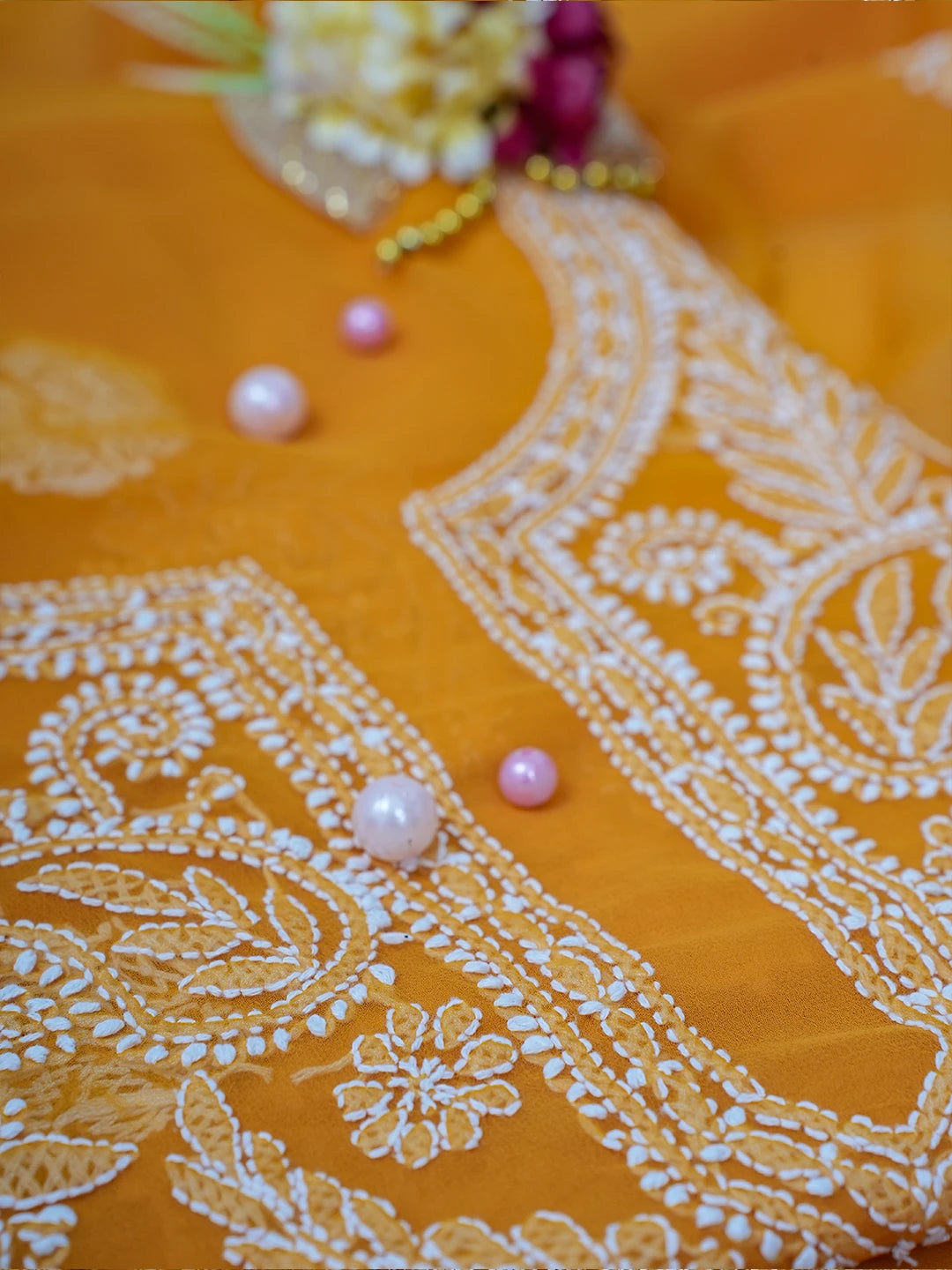 Ada Hand Embroidered Mustard Georgette Lucknowi Chikankari Unstitched Suit Piece A211306