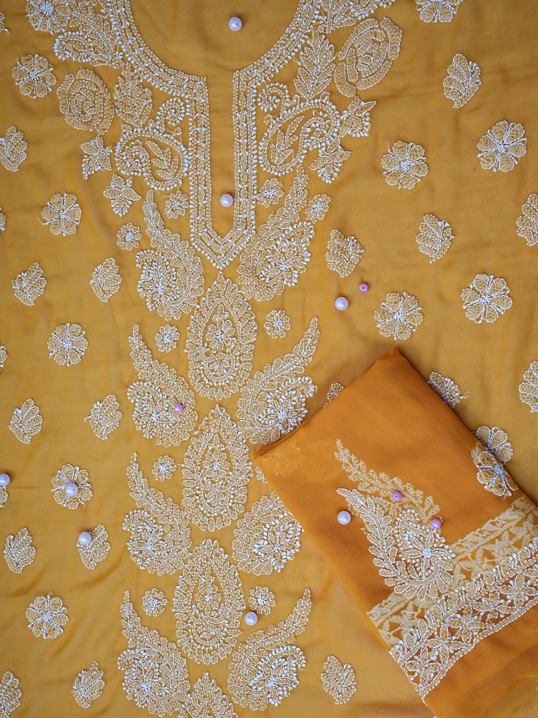 Ada Hand Embroidered Mustard Georgette Lucknowi Chikankari Unstitched Suit Piece A211306