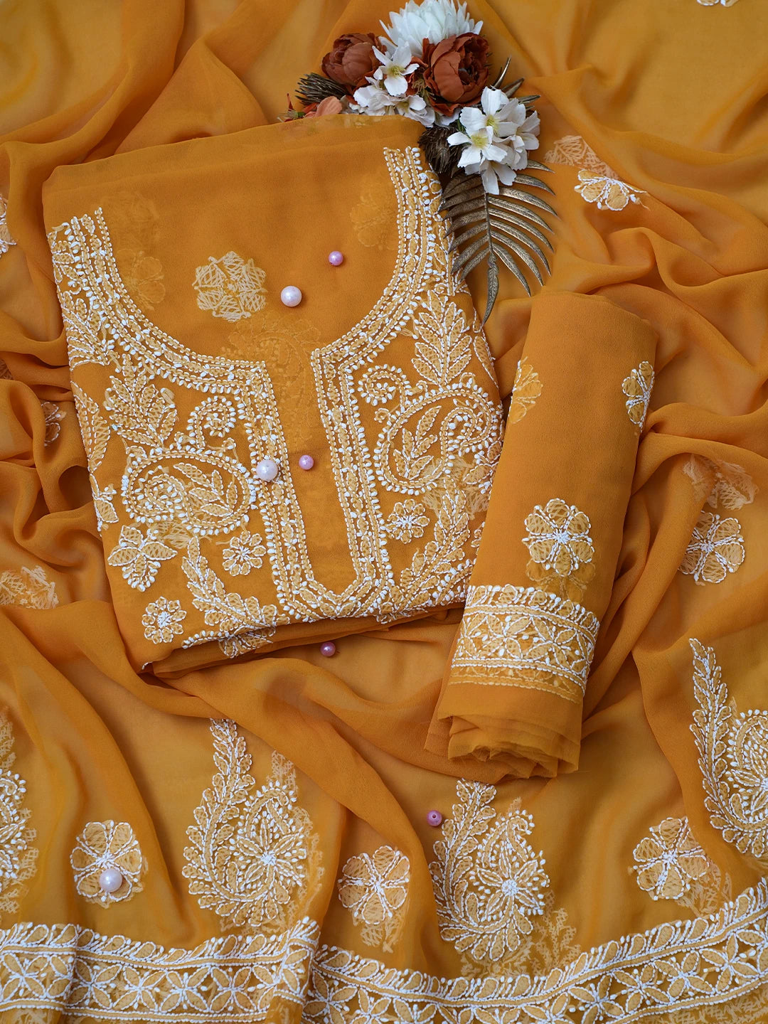 Ada Hand Embroidered Mustard Georgette Lucknowi Chikankari Unstitched Suit Piece A211306