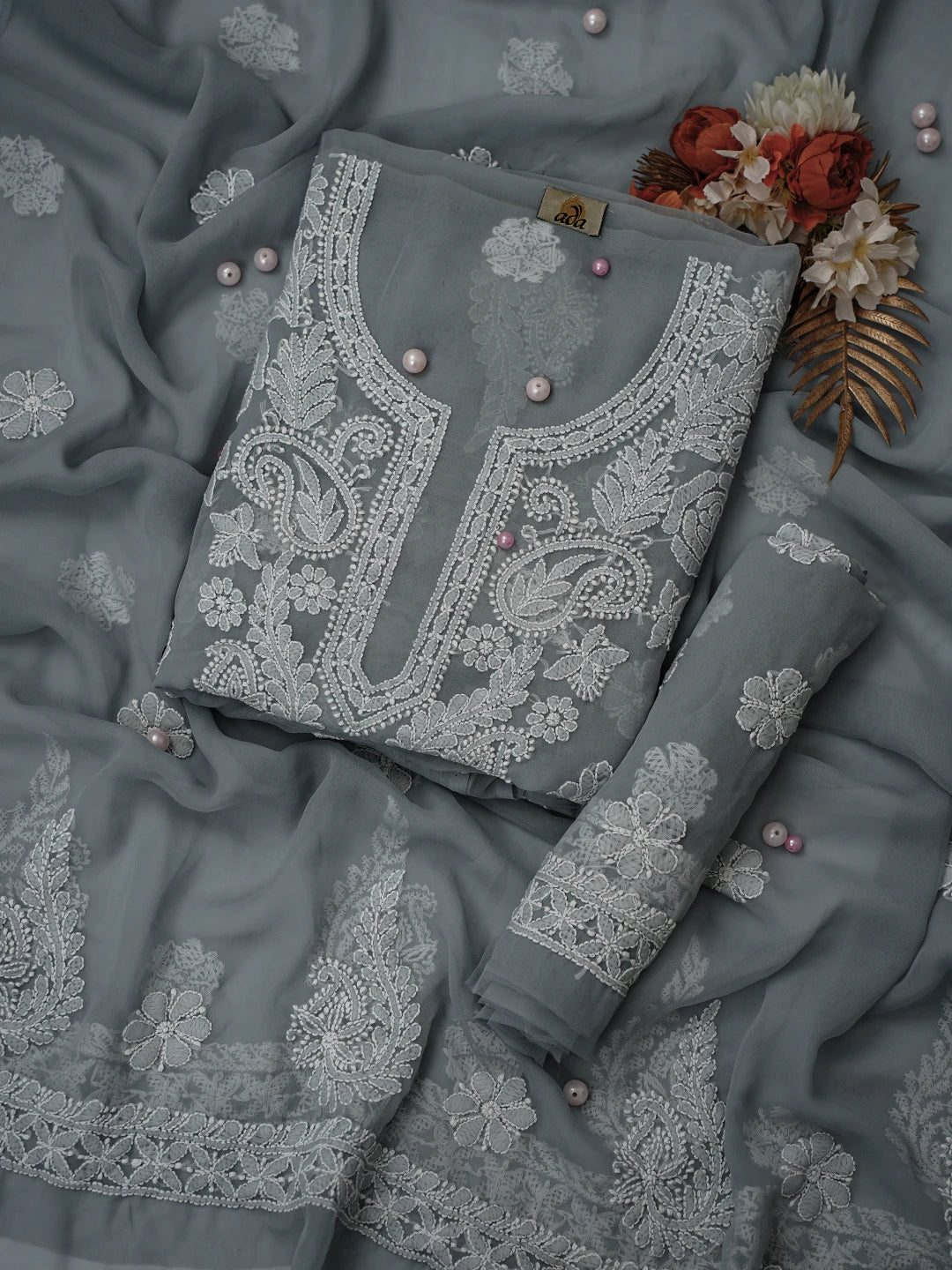 Ada Hand Embroidered Grey Georgette Lucknowi Chikankari Unstitched Suit Piece A211307