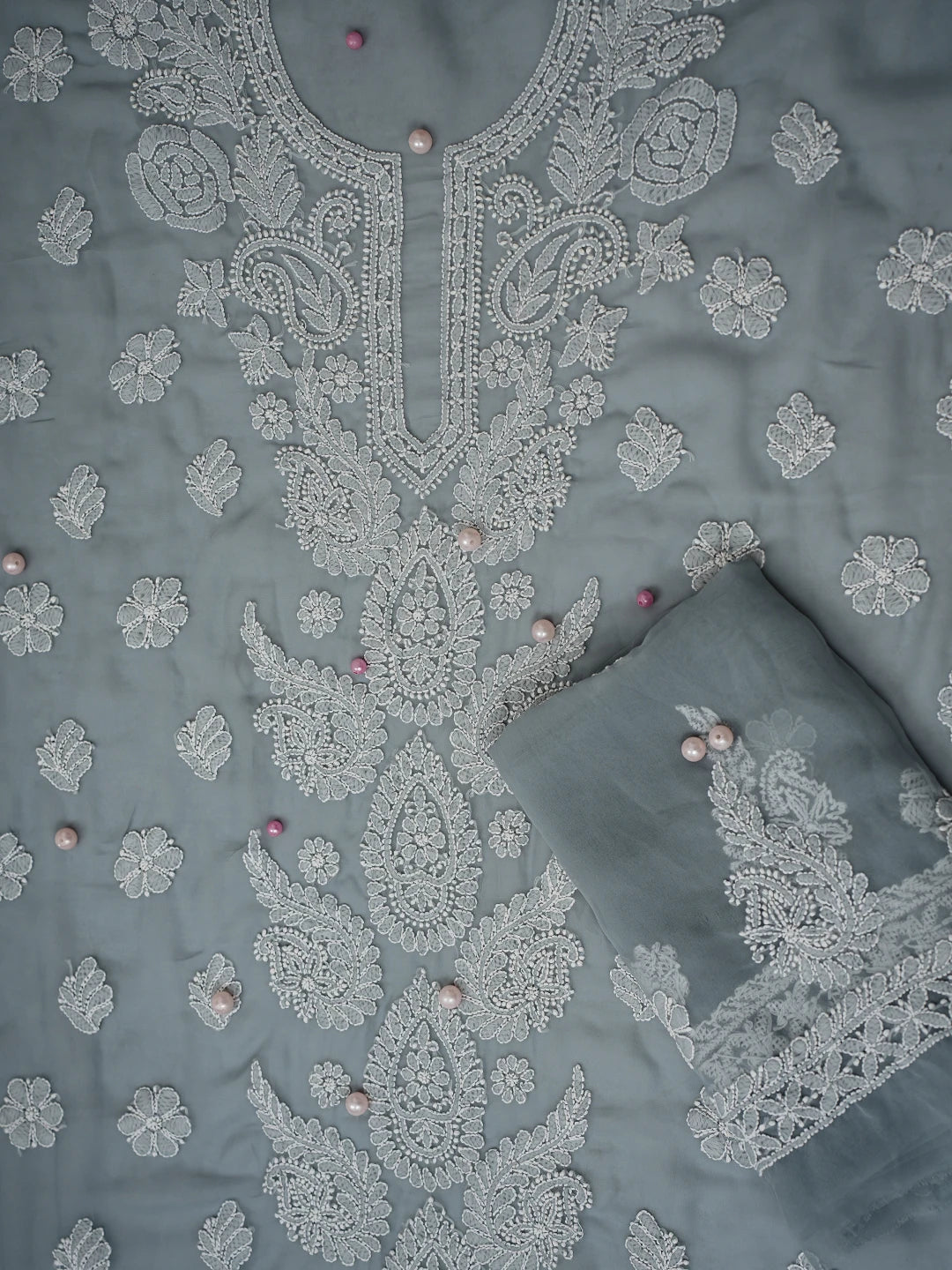 Ada Hand Embroidered Grey Georgette Lucknowi Chikankari Unstitched Suit Piece A211307
