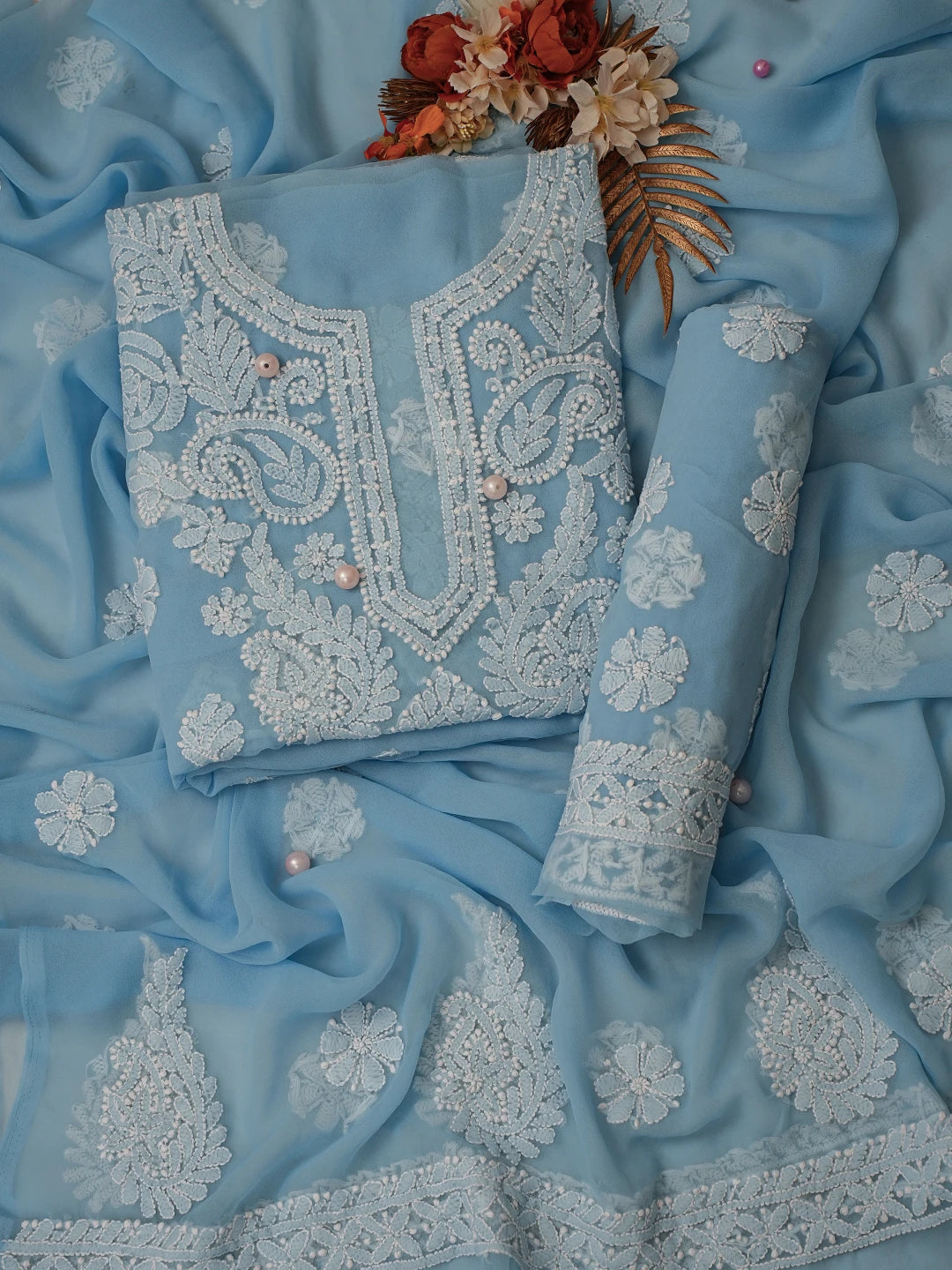 Ada Hand Embroidered Powder Blue Georgette Lucknowi Chikankari Unstitched Suit Piece A211311