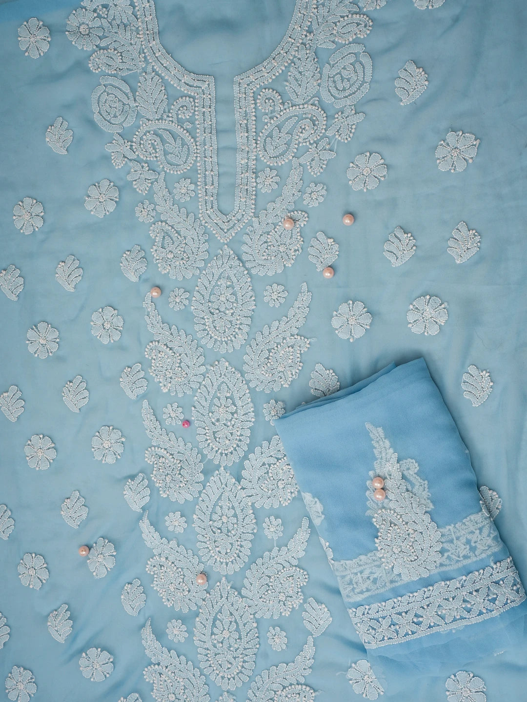 Ada Hand Embroidered Powder Blue Georgette Lucknowi Chikankari Unstitched Suit Piece A211311