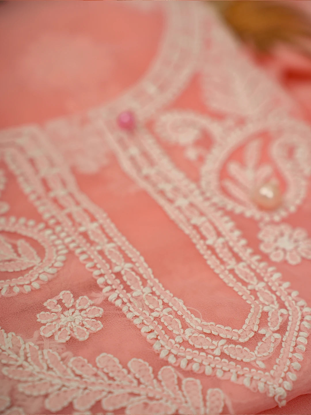 Ada Hand Embroidered Peach Georgette Lucknowi Chikankari Unstitched Suit Piece A211312