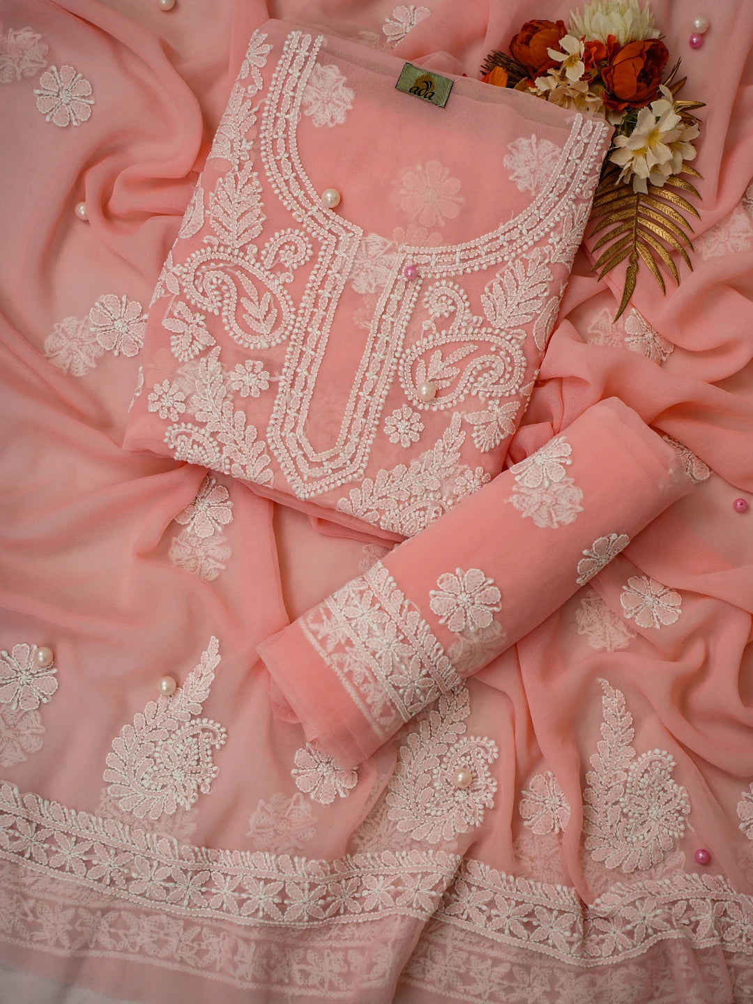 Ada Hand Embroidered Peach Georgette Lucknowi Chikankari Unstitched Suit Piece A211312