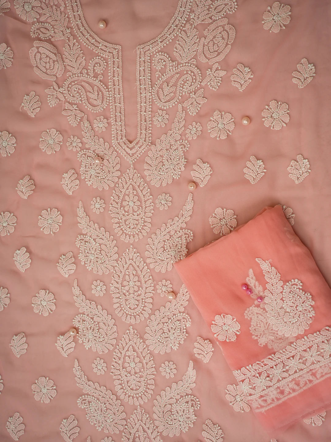 Ada Hand Embroidered Peach Georgette Lucknowi Chikankari Unstitched Suit Piece A211312