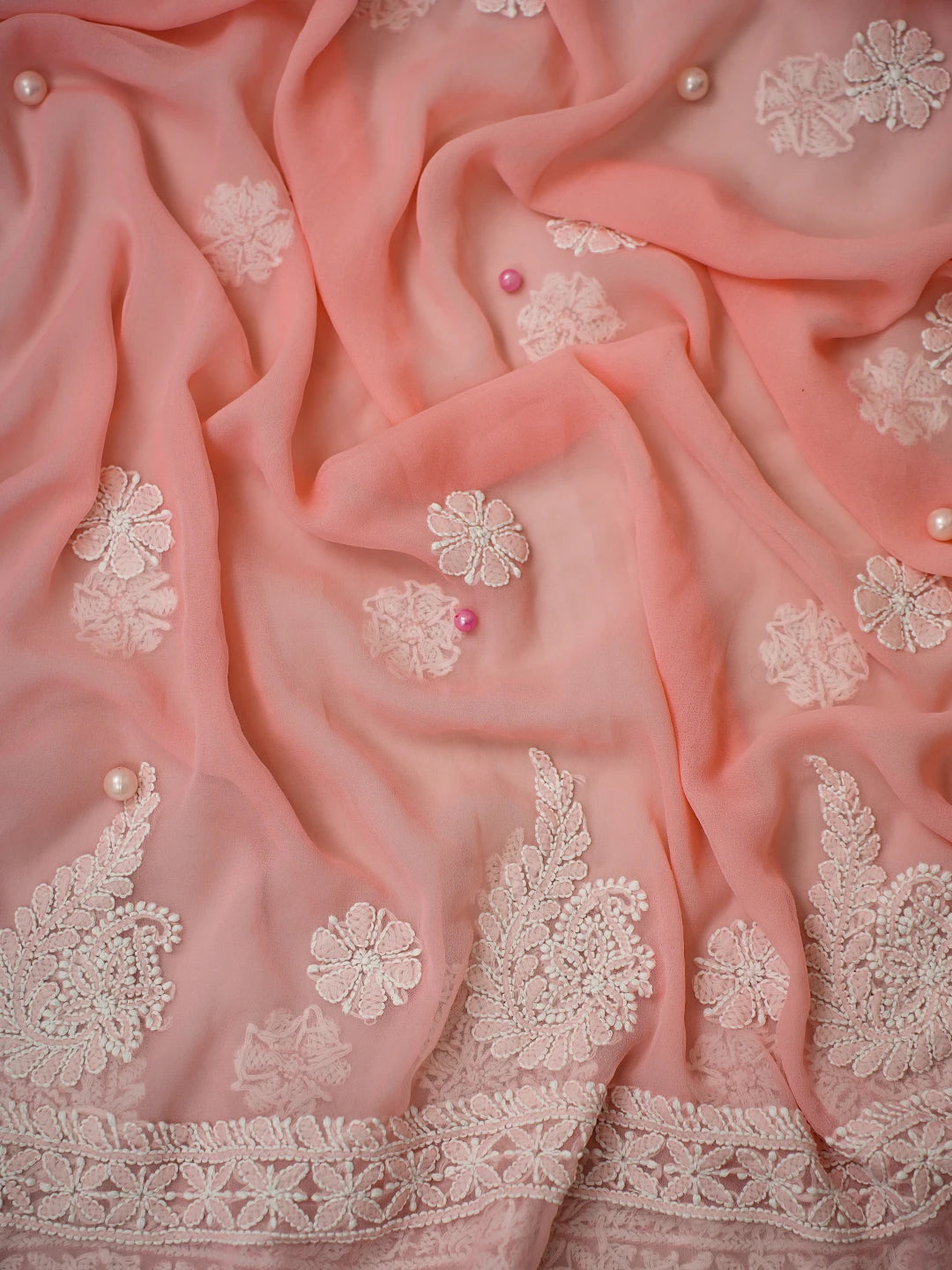 Ada Hand Embroidered Peach Georgette Lucknowi Chikankari Unstitched Suit Piece A211312