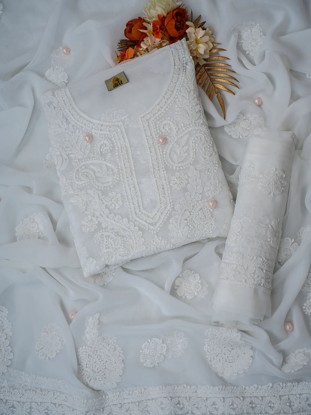 Ada Hand Embroidered White Georgette Lucknowi Chikankari Unstitched Suit Piece A211314
